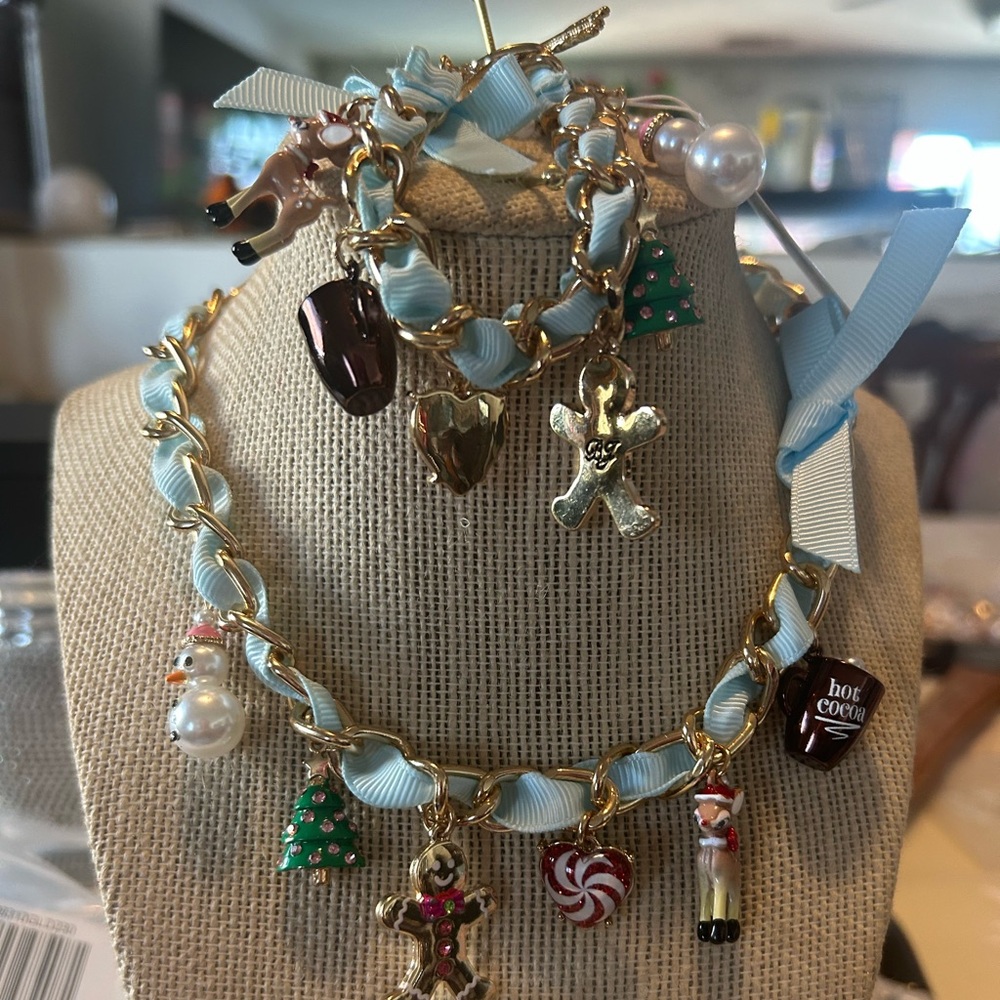 Gold and Blue Charm Necklace and Bracelet Set